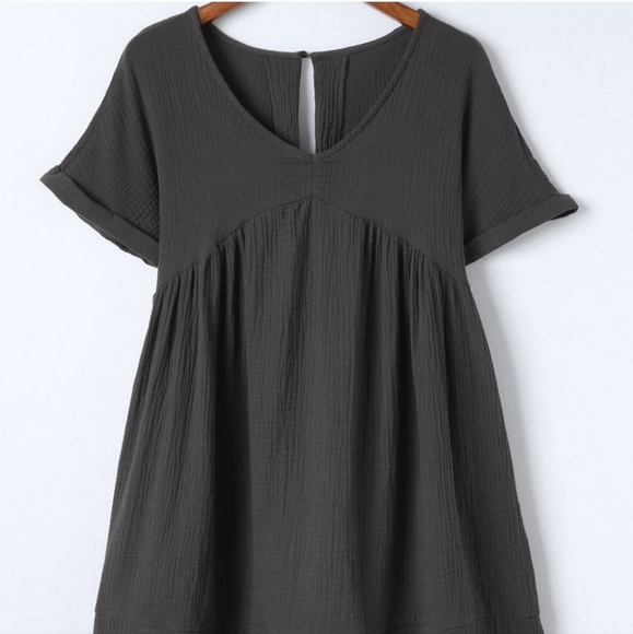 Gray Roll Up Short Sleeve V Neck Babydoll Mini Dress - Picture 2 of 2
